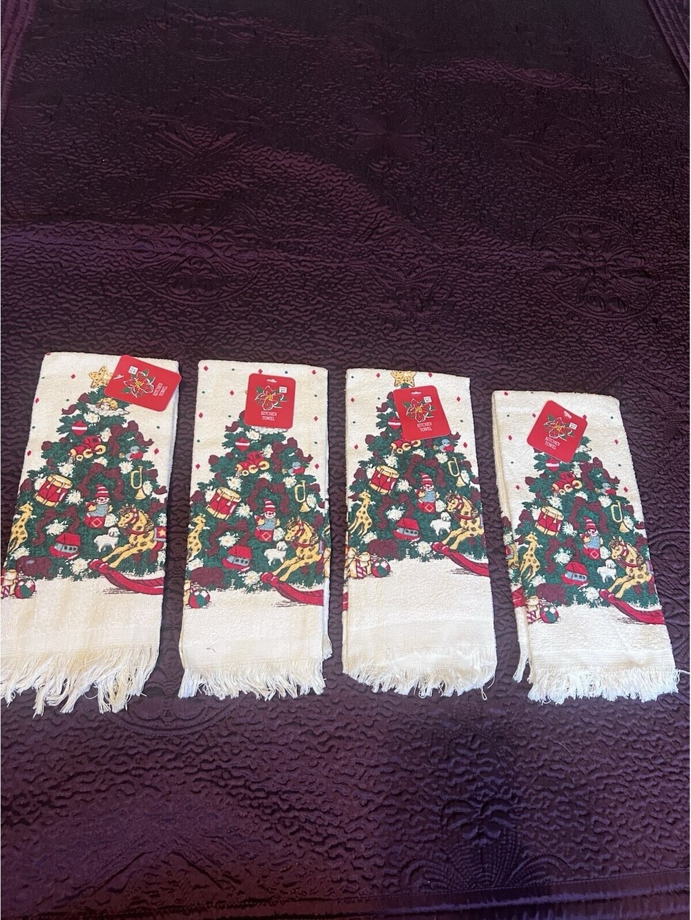 Vintage Walmart Christmas Kitchen Towels 4 NOS Tree Toys Taiwan 100% Cotton